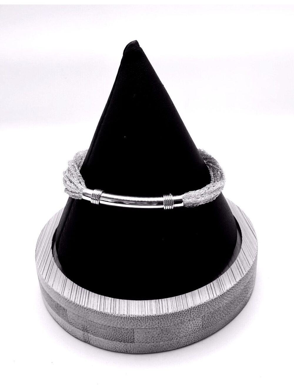 Multi-Strand Silver Mesh Chain Bracelet with Central Bar Station